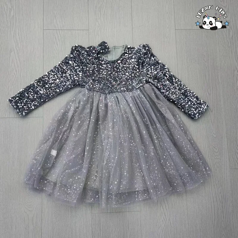 LEZONKIDS - Girls' Long Sleeve Sequin Princess Dress Tulle Poncho Casual Vintage Mini Style Deco Bow Plaid Pattern Dress